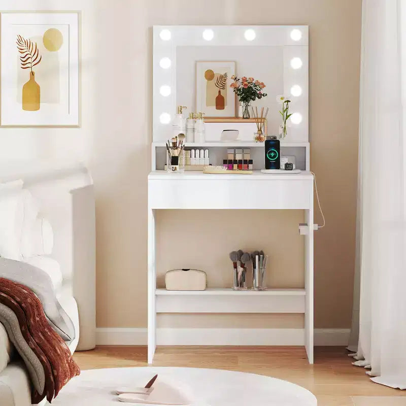 Scrivania da trucco con specchio e luci, 3 modalità di illuminazione, luminosità regolabile, bianco