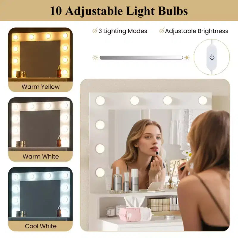 Scrivania da trucco con specchio e luci, 3 modalità di illuminazione, luminosità regolabile, bianco