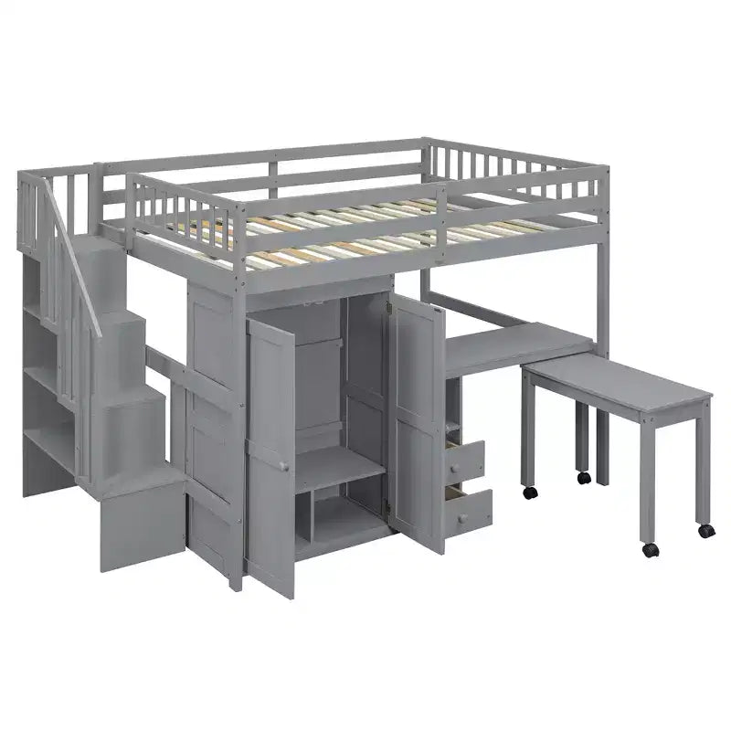Struttura letto a soppalco a grandezza naturale con scale, libreria, cassetti, scrivania e armadio