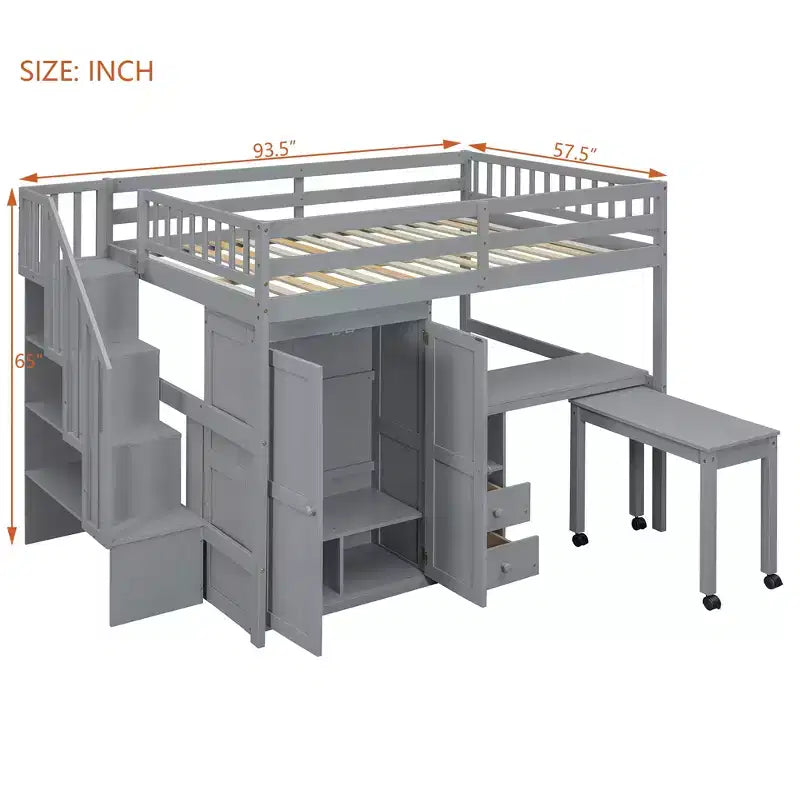 Struttura letto a soppalco a grandezza naturale con scale, libreria, cassetti, scrivania e armadio