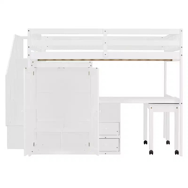Struttura letto a soppalco a grandezza naturale con scale, libreria, cassetti, scrivania e armadio