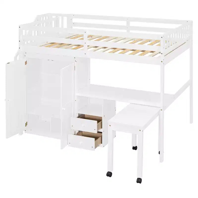 Struttura letto a soppalco a grandezza naturale con scale, libreria, cassetti, scrivania e armadio