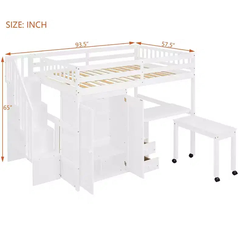 Struttura letto a soppalco a grandezza naturale con scale, libreria, cassetti, scrivania e armadio