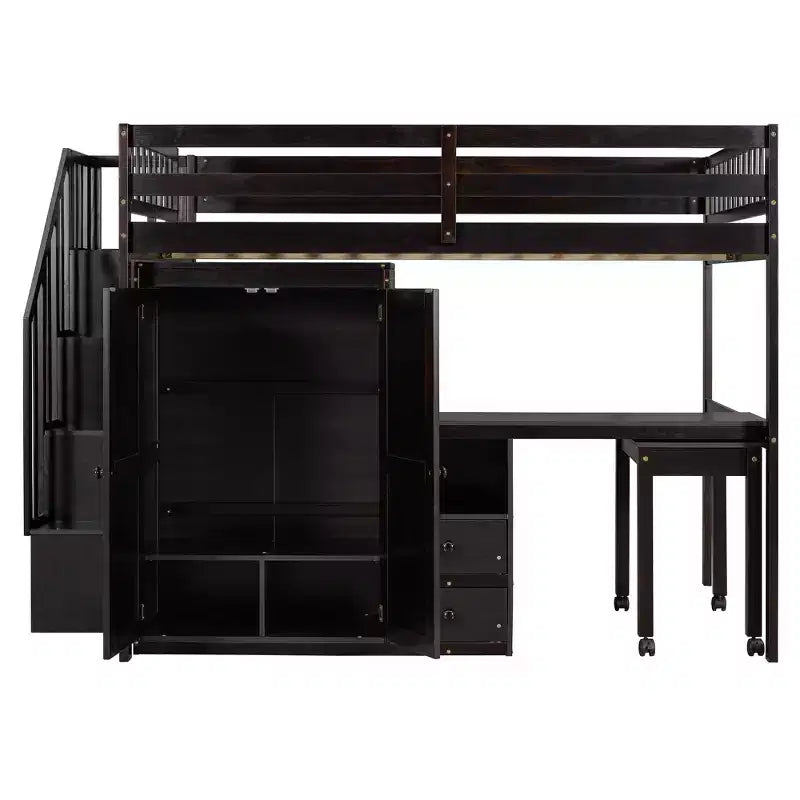 Struttura letto a soppalco a grandezza naturale con scale, libreria, cassetti, scrivania e armadio