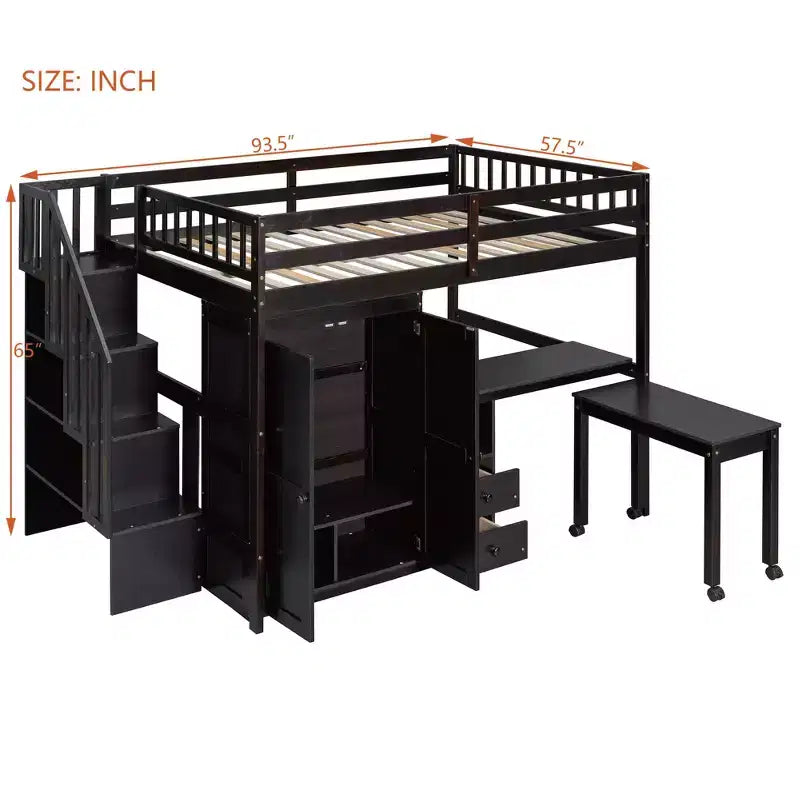 Struttura letto a soppalco a grandezza naturale con scale, libreria, cassetti, scrivania e armadio