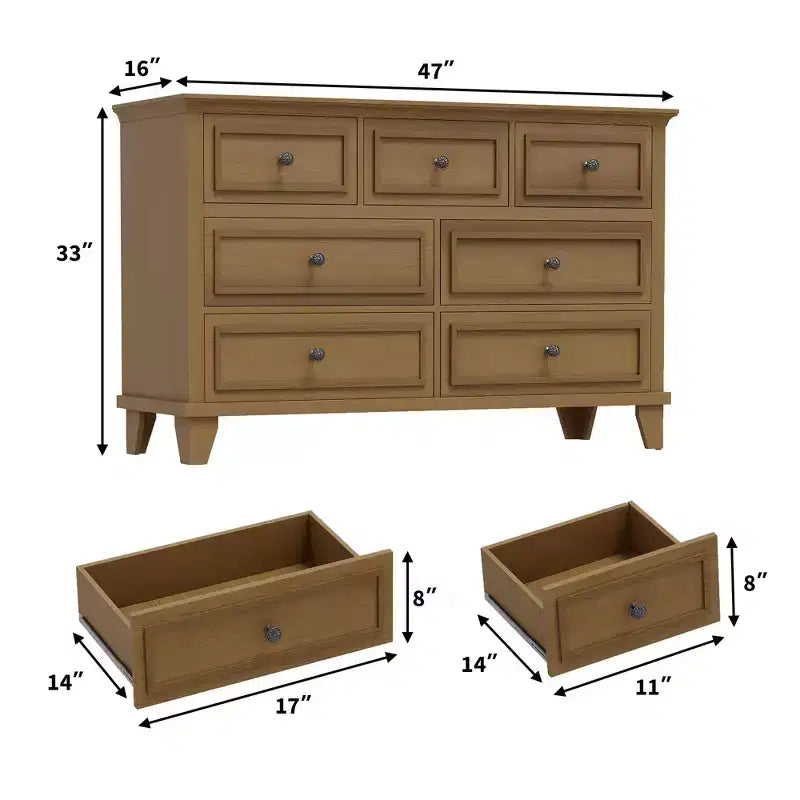 Cassettiera in legno a 7 cassetti con guide scorrevoli, larghezza 119 cm