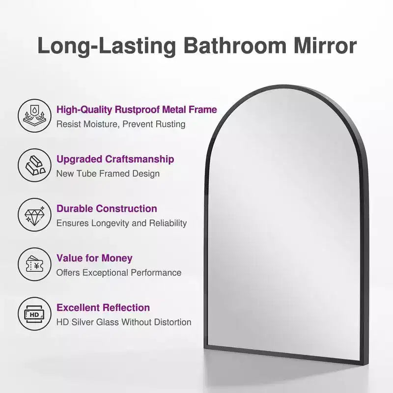 Specchio da Parete Ad Arco da 36 x 24 Pollici con Cornice in Lega di Alluminio, Nero