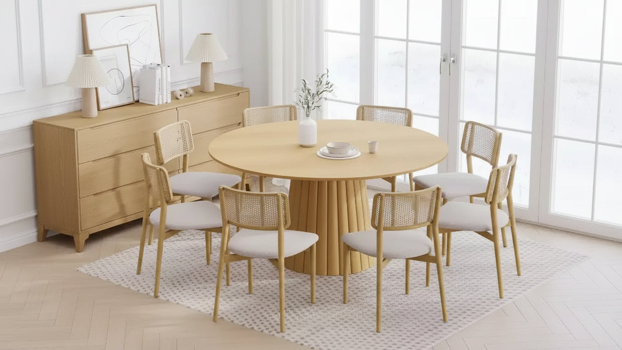 PexFix 60 Solid Wood Round Dining Table Kitchen Table for 6-8 with Tabletop & Textured Tapered Base for Living/Dining Room Coffee Office Natural
