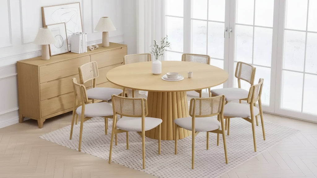 PexFix 60 Solid Wood Round Dining Table Kitchen Table for 6-8 with Tabletop & Textured Tapered Base for Living/Dining Room Coffee Office Natural