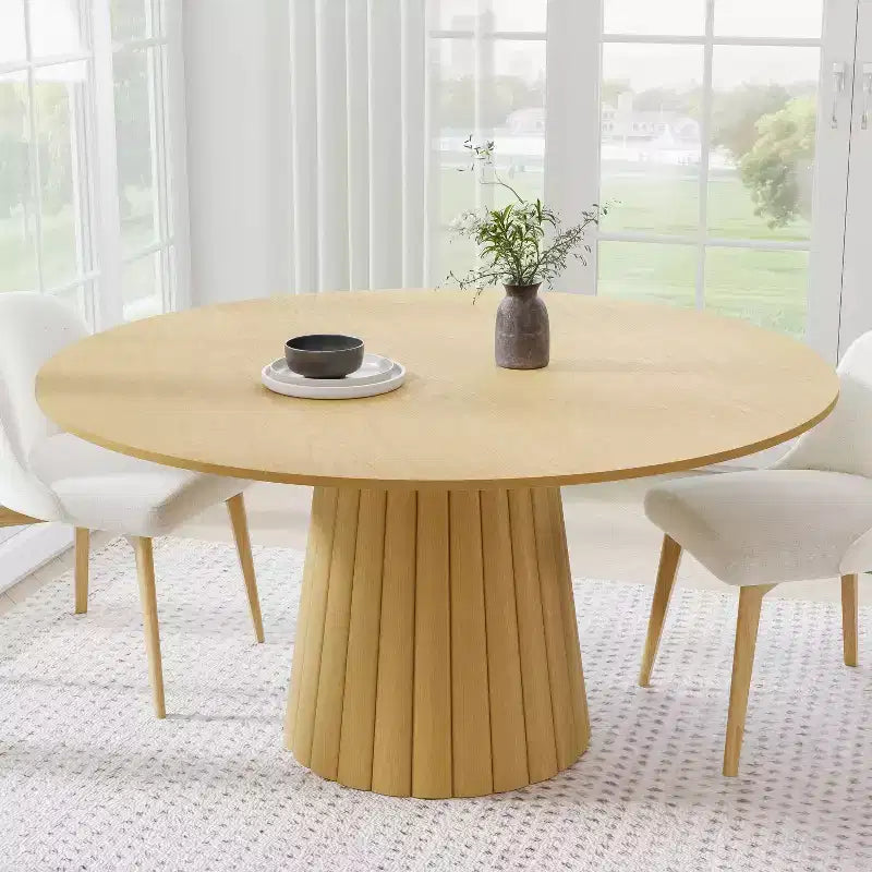 Tavolo da pranzo rotondo in legno massello da 60", con base a piedistallo scanalata, 6-8 posti