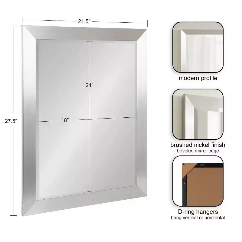 Specchio da bagno rettangolare con cornice in nichel spazzolato