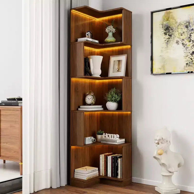 Libreria ad angolo a 5 ripiani a forma di L, organizzatore portaoggetti autoportante per soggiorno e ufficio