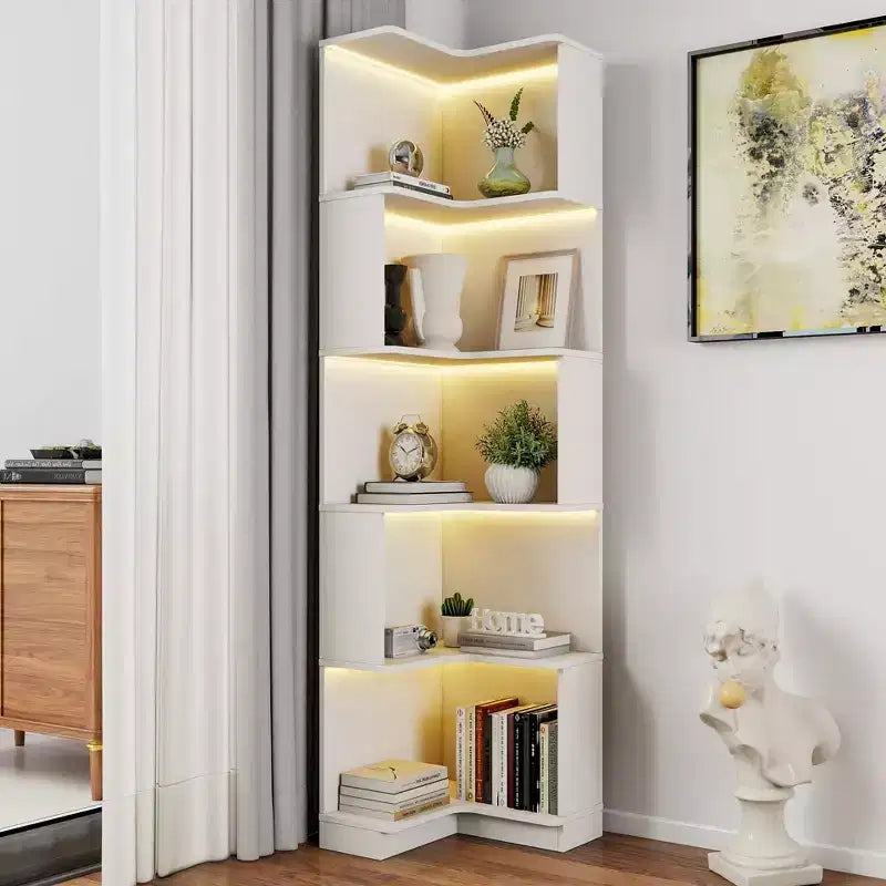 Okak Corner Book Shelf, Storage Shelves with 5 Tier and Baffle, Freestanding L Shaped Storage Organizer for Living Room, Office