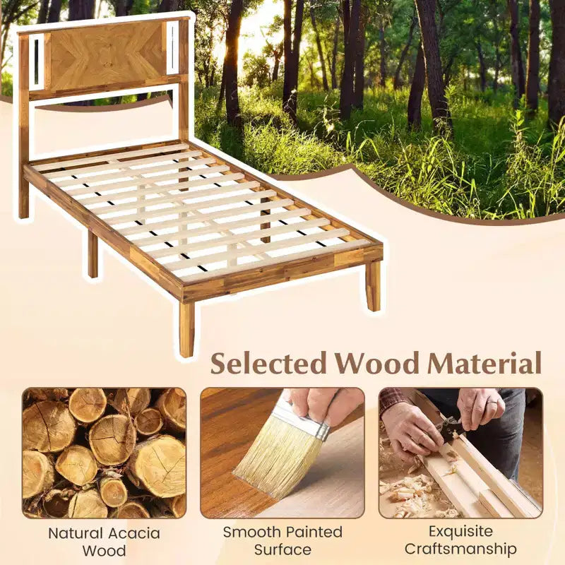 Struttura letto in legno Twin/Full/Queen con testiera – Non è necessaria la rete a doghe