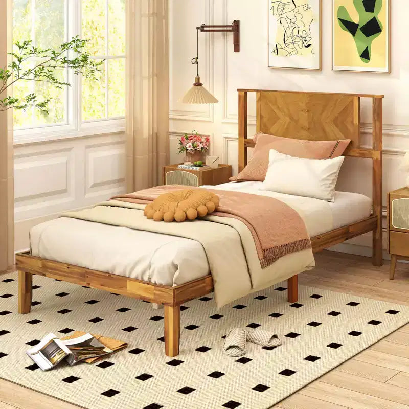 Struttura letto in legno Twin/Full/Queen con testiera – Non è necessaria la rete a doghe