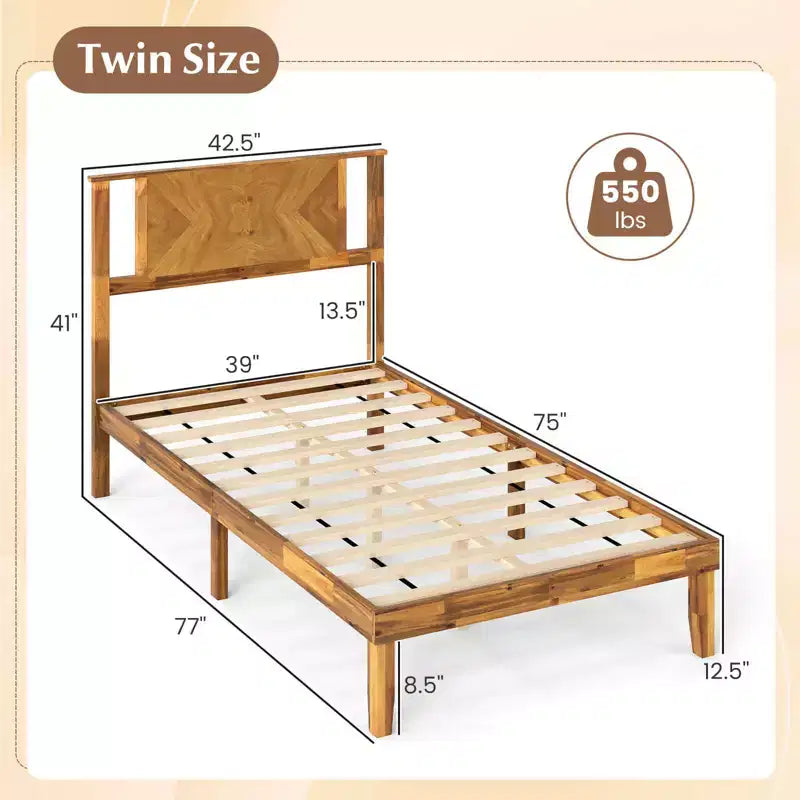 Struttura letto in legno Twin/Full/Queen con testiera – Non è necessaria la rete a doghe