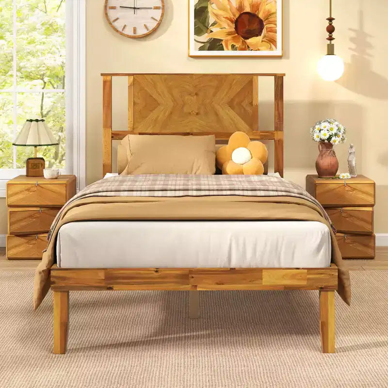 Struttura letto in legno Twin/Full/Queen con testiera – Non è necessaria la rete a doghe