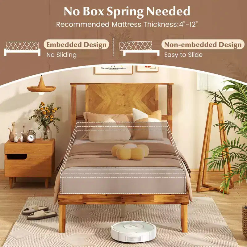 Struttura letto in legno Twin/Full/Queen con testiera – Non è necessaria la rete a doghe
