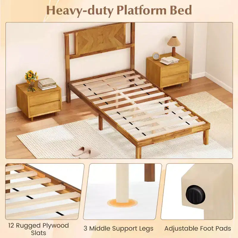 Struttura letto in legno Twin/Full/Queen con testiera – Non è necessaria la rete a doghe