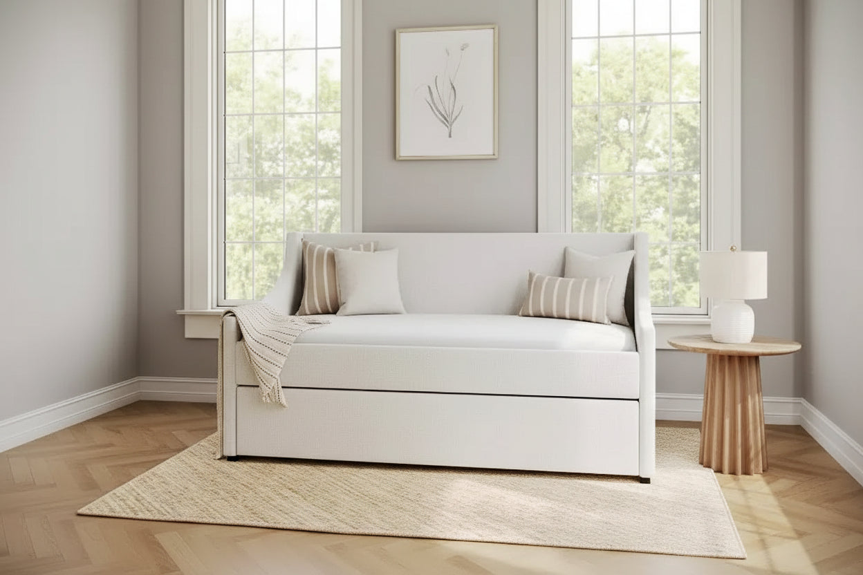 Martha Stewart Twin Daybed with Pull-Out Twin Trundle in Off-White Faux Linen