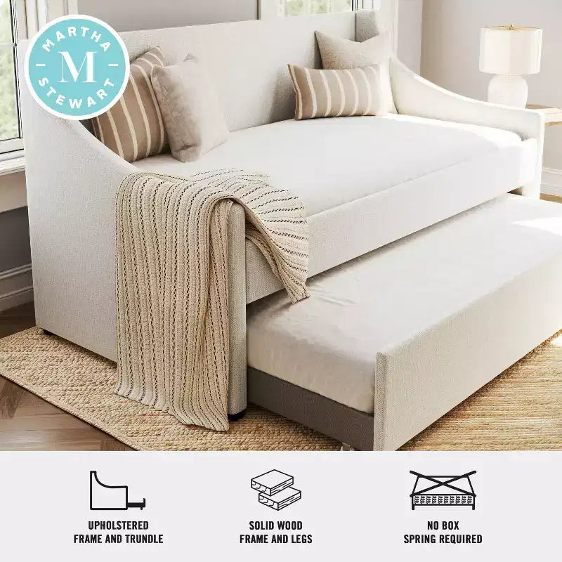 Daybed singolo con letto estraibile – Rivestimento in finta lino color ecrù
