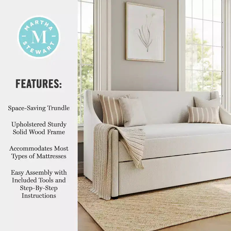 Daybed singolo con letto estraibile – Rivestimento in finta lino color ecrù