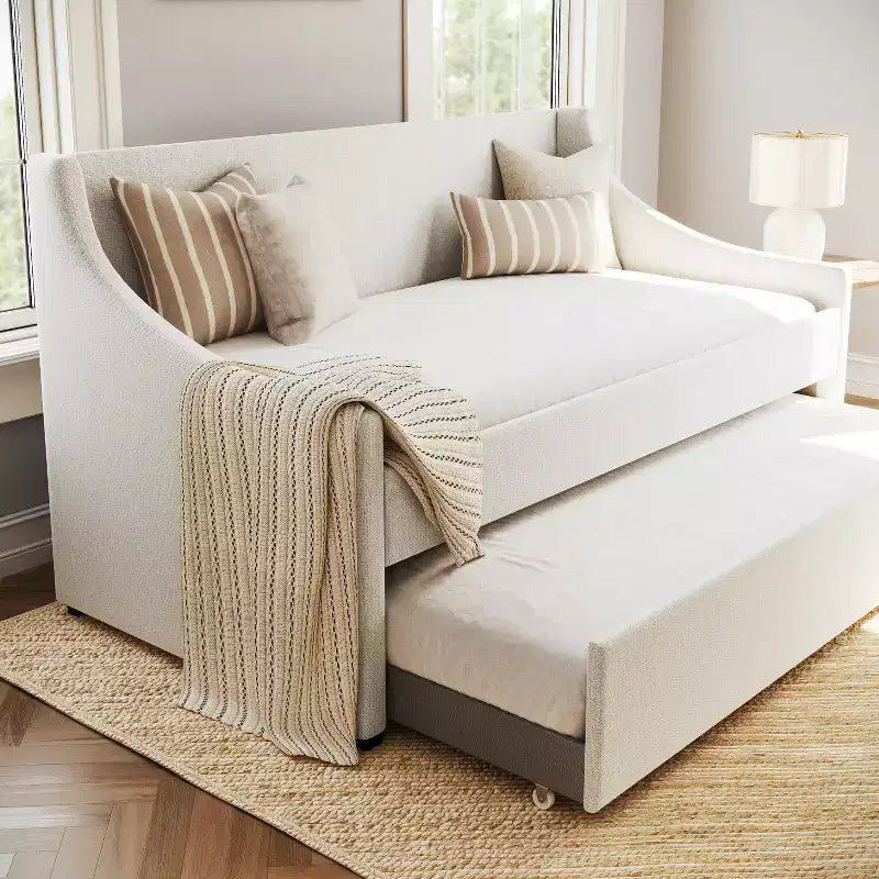 Daybed singolo con letto estraibile – Rivestimento in finta lino color ecrù