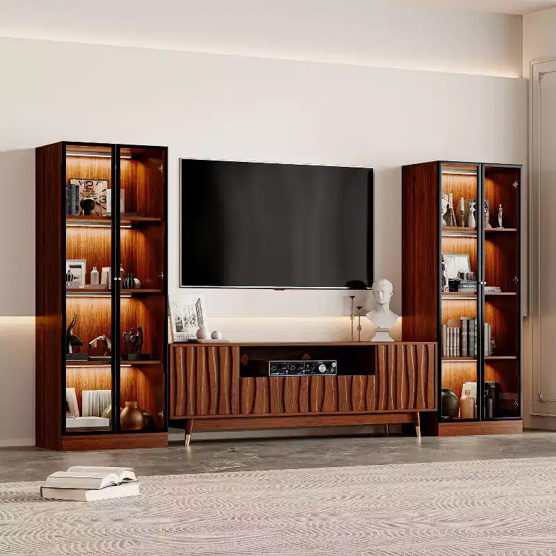 Mobile porta TV moderno di metà secolo con vetrina e luci