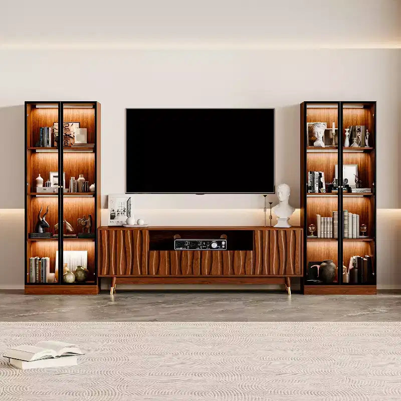 Mobile porta TV moderno di metà secolo con vetrina e luci