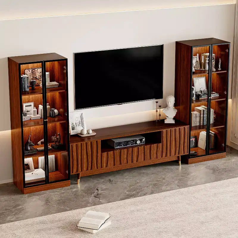 Mobile porta TV moderno di metà secolo con vetrina e luci