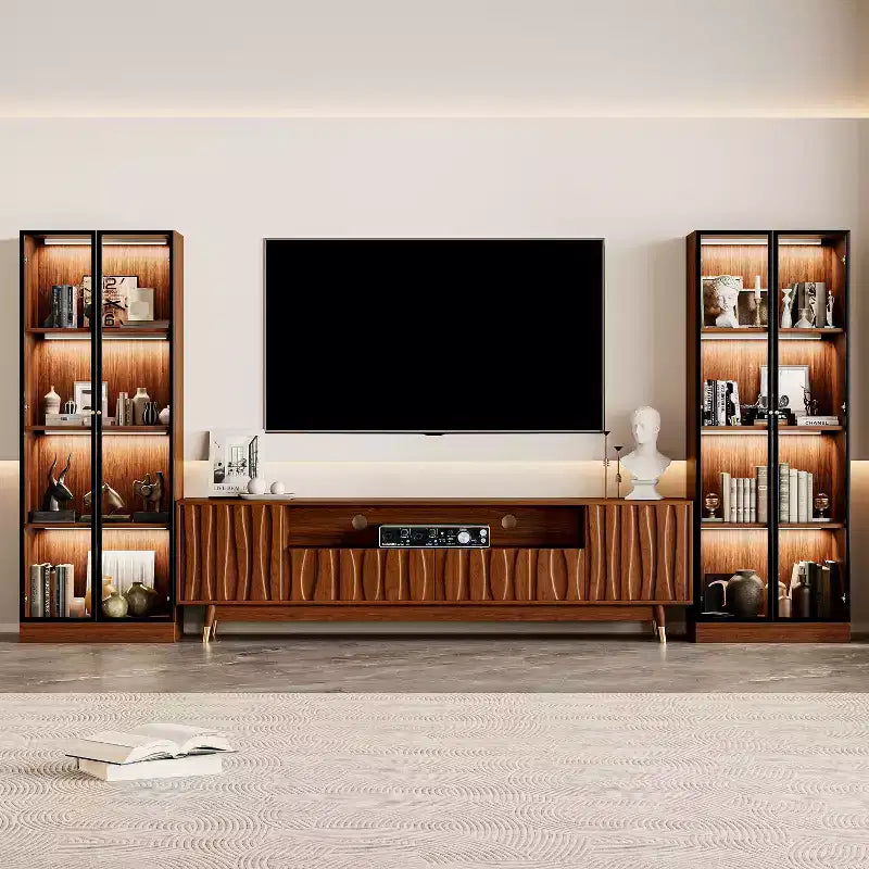 Mobile porta TV moderno di metà secolo con vetrina e luci
