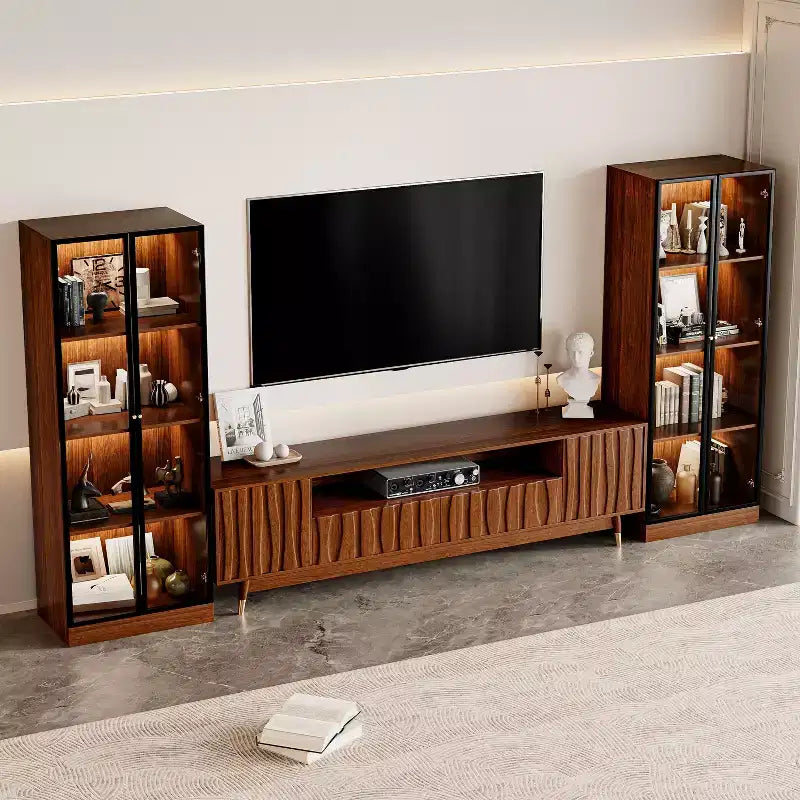Mobile porta TV moderno di metà secolo con vetrina e luci