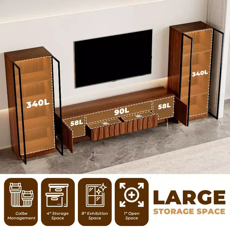 Mobile porta TV moderno di metà secolo con vetrina e luci