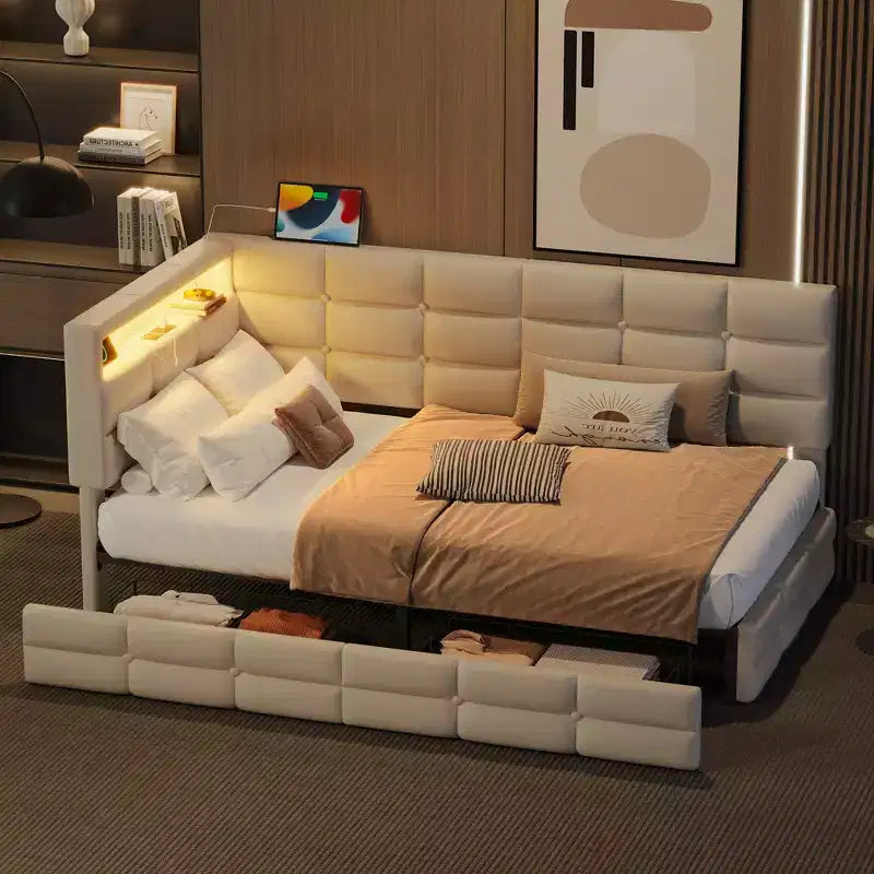 Letto Divano Imbottito una Piazza e Mezza con Cassetti Contenitori, Stazione di Ricarica e Luci a LED
