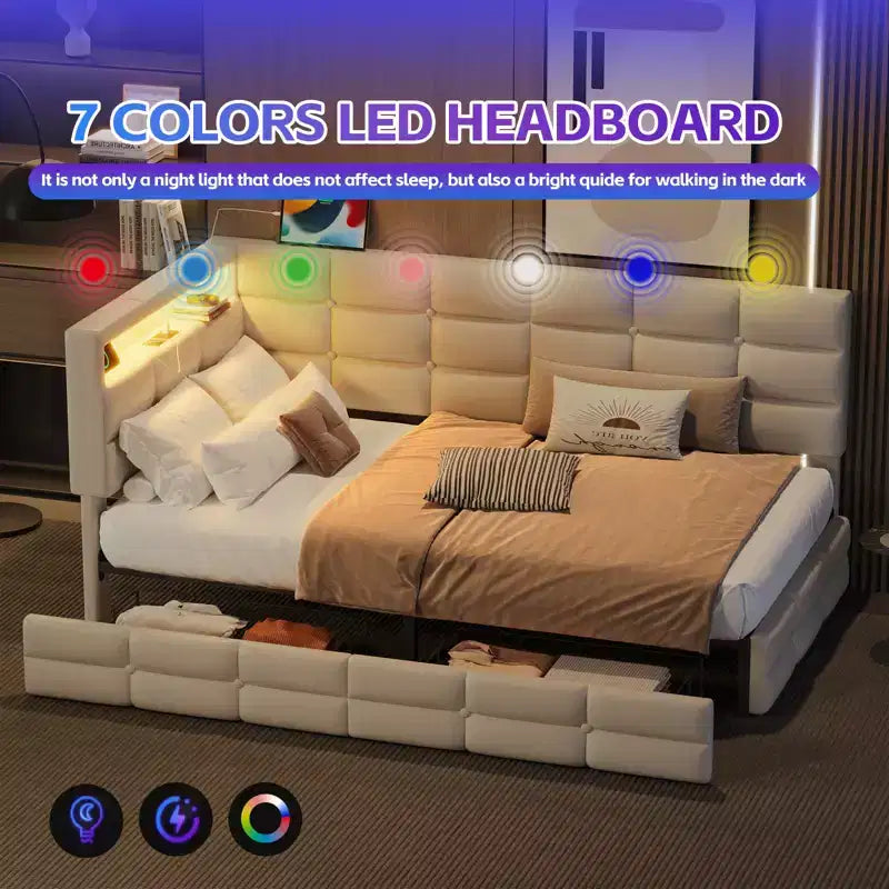 Letto Divano Imbottito una Piazza e Mezza con Cassetti Contenitori, Stazione di Ricarica e Luci a LED