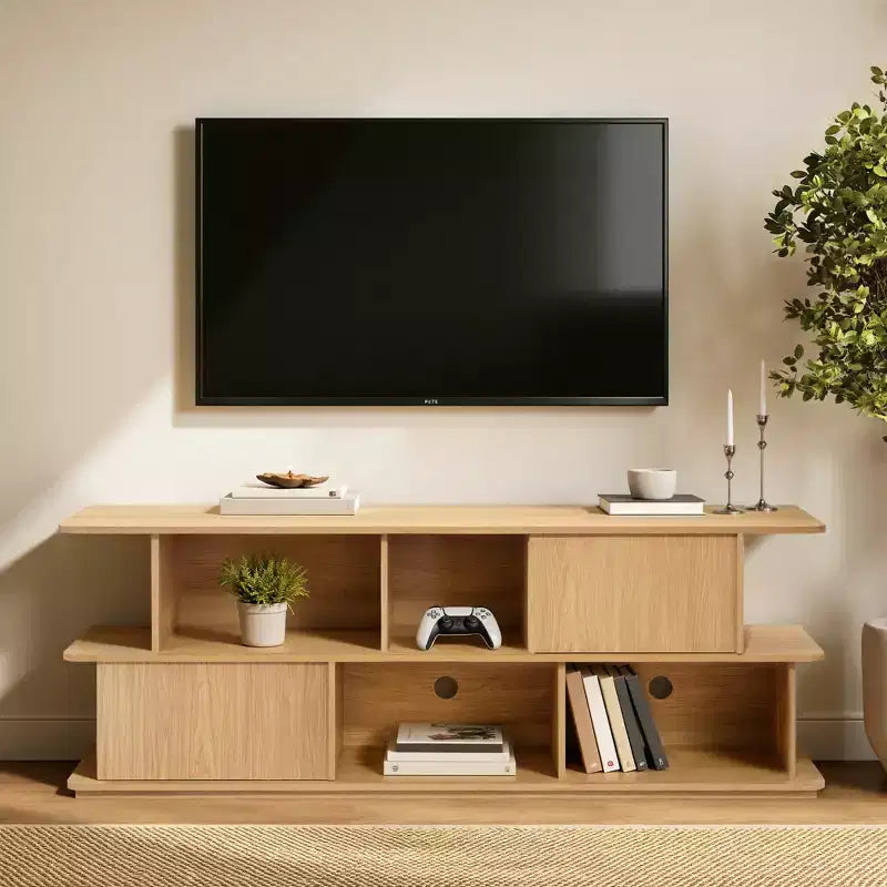 Mobile Porta TV a 2 Strati con Ripiani Aperti e Armadietti con Ante Scorrevoli, 180 cm, Marrone