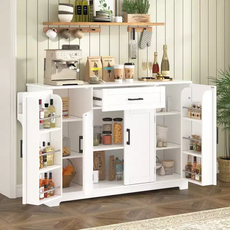 Madia Credenza con 4 Ante, Cassetto, Ripiani Regolabili e Portaspezie Laterali per Cucina e Sala da Pranzo