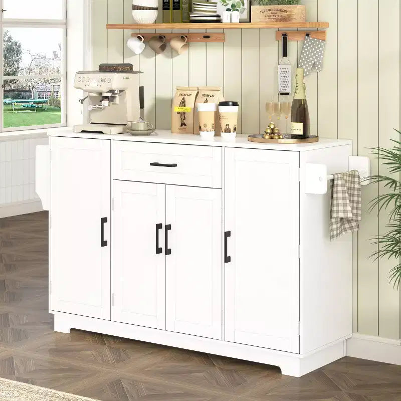 Madia Credenza con 4 Ante, Cassetto, Ripiani Regolabili e Portaspezie Laterali per Cucina e Sala da Pranzo