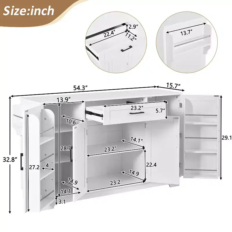 Madia Credenza con 4 Ante, Cassetto, Ripiani Regolabili e Portaspezie Laterali per Cucina e Sala da Pranzo