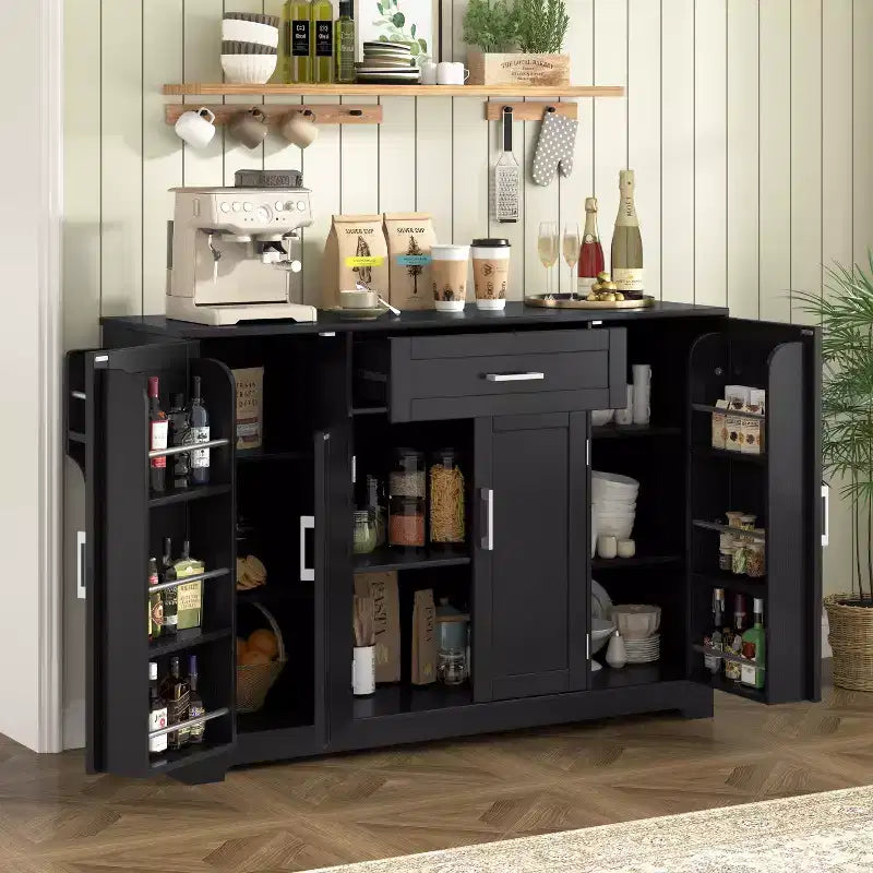 Madia Credenza con 4 Ante, Cassetto, Ripiani Regolabili e Portaspezie Laterali per Cucina e Sala da Pranzo