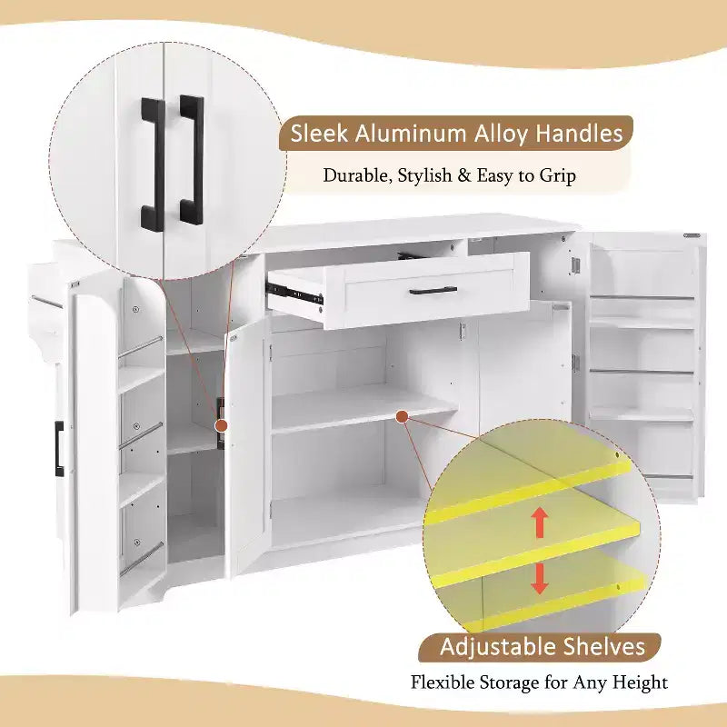 Madia Credenza con 4 Ante, Cassetto, Ripiani Regolabili e Portaspezie Laterali per Cucina e Sala da Pranzo