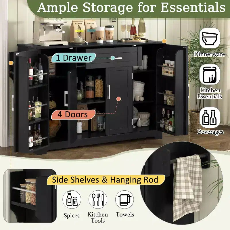 Madia Credenza con 4 Ante, Cassetto, Ripiani Regolabili e Portaspezie Laterali per Cucina e Sala da Pranzo