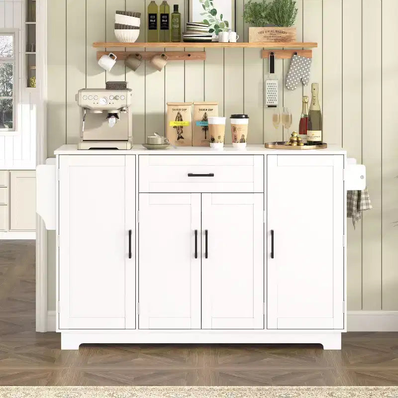 Madia Credenza con 4 Ante, Cassetto, Ripiani Regolabili e Portaspezie Laterali per Cucina e Sala da Pranzo