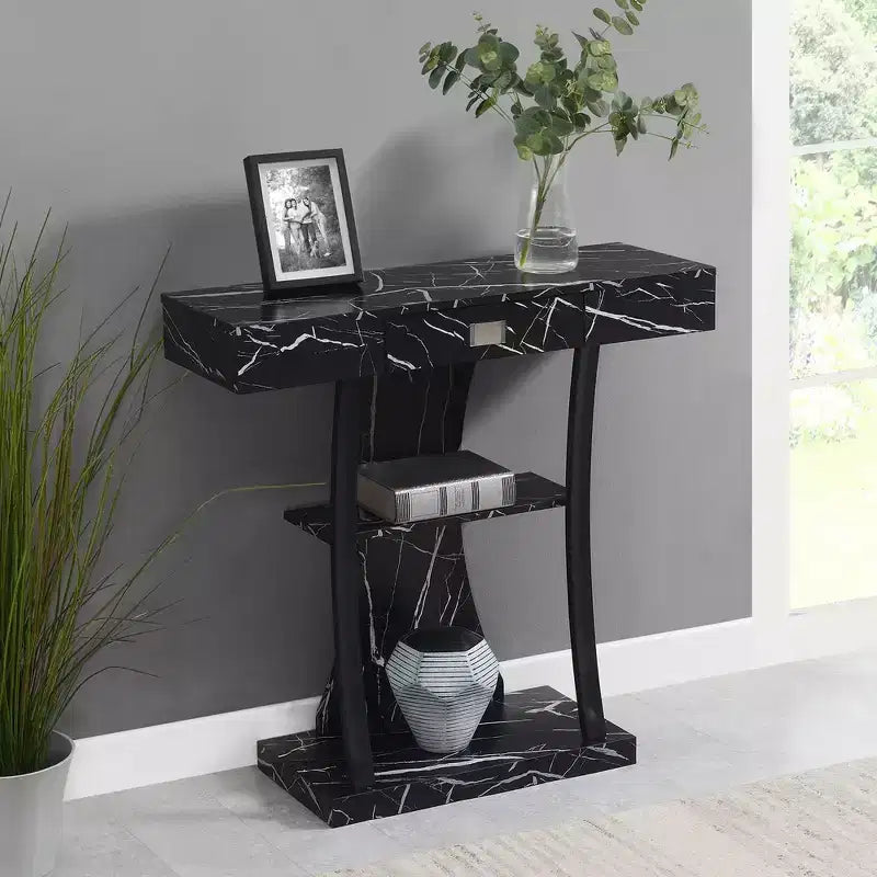 Consolle con mensole e cassetto in finto marmo nero