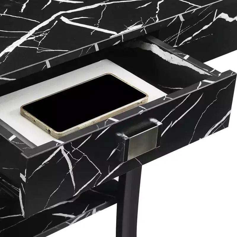 Consolle con mensole e cassetto in finto marmo nero