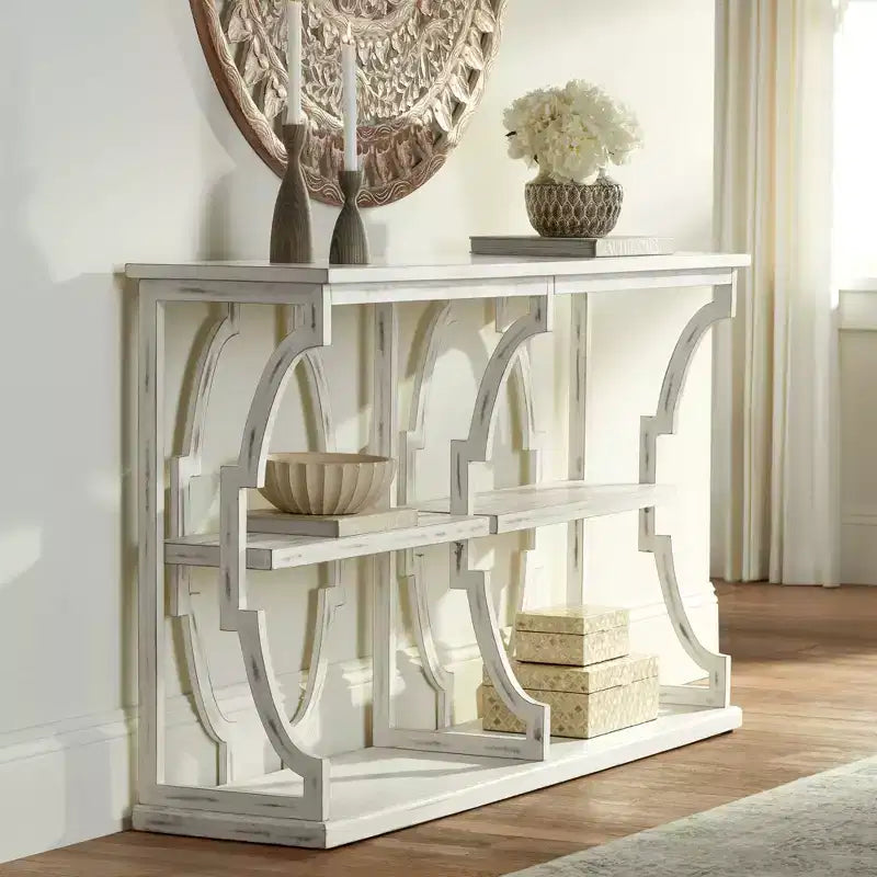 Consolle Rettangolare Antica Bianca Stile Farmhouse 64 x 15 con Scaffale