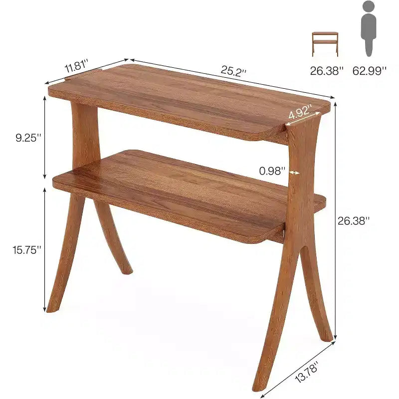 Tavolino alto e stretto con ripiano portaoggetti a 2 livelli e gambe in legno massiccio